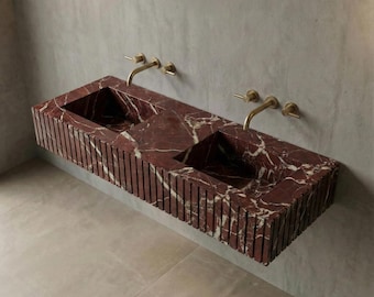 Rosso Levanto Double Sink Vanity: Fluted Marble Wall Mount Basin