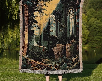 Enchanted Forest Ruins Woven Blanket: Cottagecore Tapestry Throw