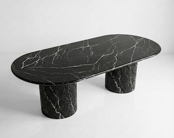 Handcrafted Black Marquina Marble Dining Table: Solid Slab, Fluted Base