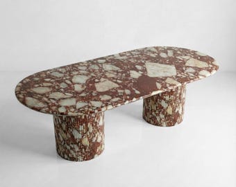 Handcrafted Red Bulgari Marble Dining Table: Solid Slab, Fluted Base