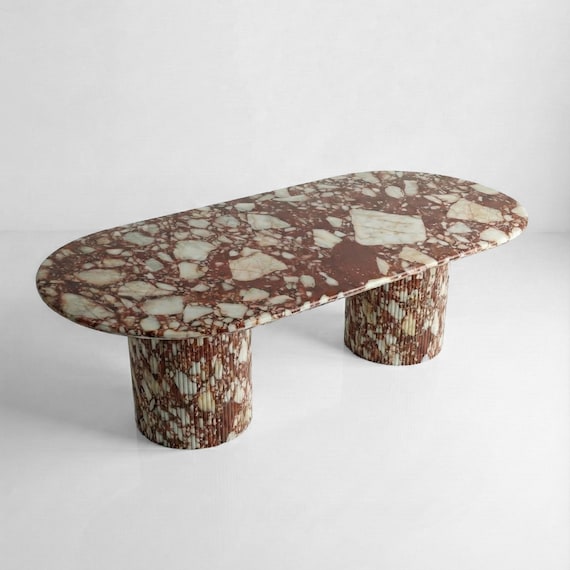 Handcrafted Red Bulgari Marble Dining Table: Solid Slab, Fluted Base
