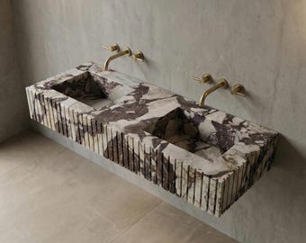 Calacatta Viola Extra Double Sink Vanity: Fluted Marble Wall Mount Basin