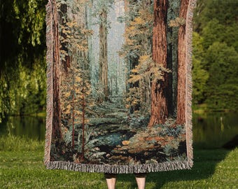 Redwood Forest Woven Blanket: Rustic Cabin Decor