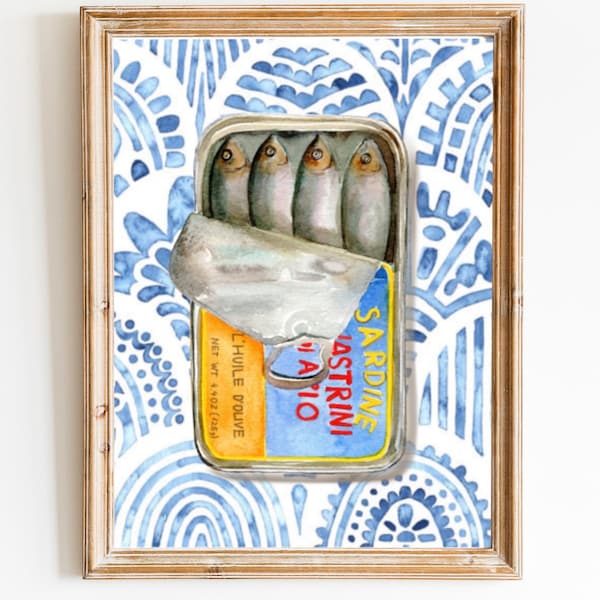 Tinned Sardines Watercolor Painting, New Home Gift, Kitchen Poster, Sardine Tin Art, Vintage Foodie Gift, Dad Gift Sardines, Trendy Kitchen