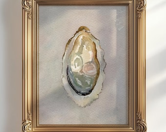 OYSTER-aquarel, oesterschelpkunst, uniek kunstcadeau, oceaankunstdruk, schelpenprint, housewarmingcadeau, nautische kunst