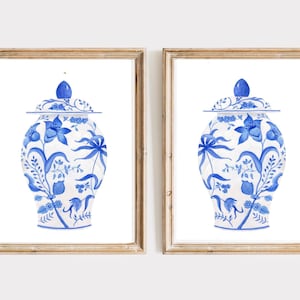 Blue Chinoiserie Print Set of 2 – Watercolor Ginger Jar Art, Asian Porcelain Vase Wall Decor, Classic Blue and White Chinoiserie Poster