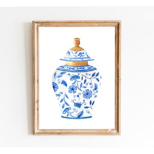 Chinoiserie Wall Art  Print, Watercolor Painting, Blue White Porcelain, Vintage Art Print, Chinese Jar Painting, Porcelain Vase Art Gift