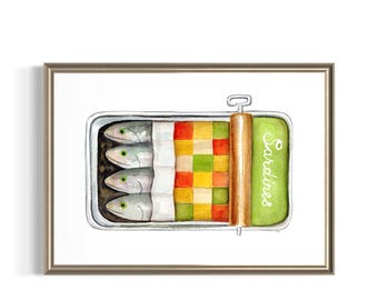 Sardine Watercolor Art Print Tinned Fish Illustration Vintage Kitchen Wall Decor