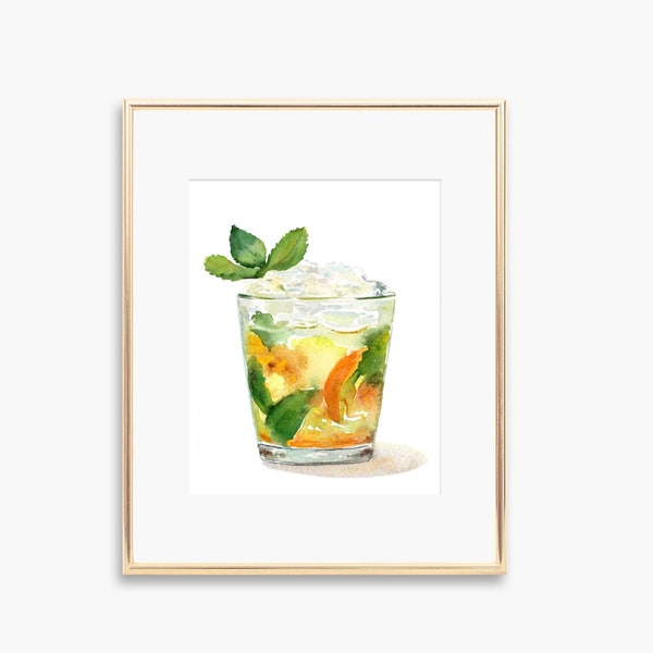 Aquarelle Cocktail Mojito, Ensemble de chariots de bar, Impression de boissons, Jin Tonic aquarelle, Art de boisson fantaisie, Oeuvre d'art de bar, Illustration de cocktail