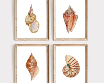 Muschel Art, 4er-Set Prints, Aquarell Nautische Malerei, Küsten Wandkunst, Strand Haus Dekor, Geschenk Meer, Badezimmer Muschel Art Print