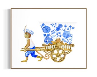 Wanddekoration: Aquarelldruck „Affe und Ingwertopf im Chinoiserie-Stil“