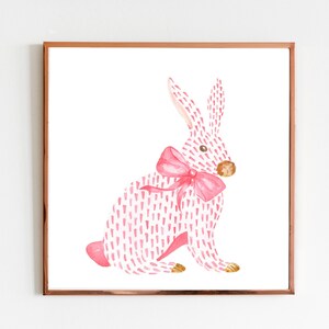 Pink Rabbit and Bow Painting, Watercolor Bunny Print, Pink Bow Art, Chinoiserie Wall Art, Nursery Wall Print, Girls Room Decor, Asian Print image 1
