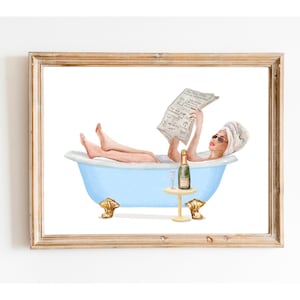 Mujer en la bañera, baño de acuarela, decoración de baño, regalo para ella, arte de baño boho, mujer bebiendo vino, mujer con champán, arte de baño