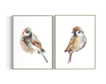 Sparrow Watercolor Print Set of 2 Bird Wall Decor