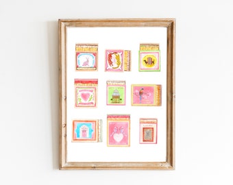 Matchbox Art Collection Print, Watercolor Painting, Vintage Matchbox, Pastel Print, Retro Art Print, Match Box Print, Game Room Art