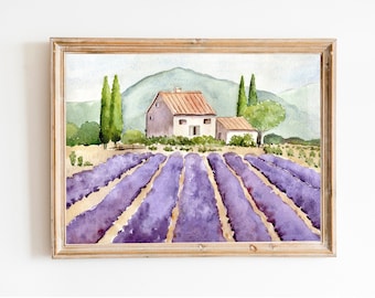 Mountain Lavender Field Landscape, Watercolor Landscape, Lavender Gift, French Lavender, Farm Watercolor, Vintage Painting, Provence Print