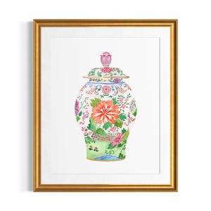 Pink Chinoiserie Ginger Jar Wall Art – Watercolor Vase Print, French Country Decor