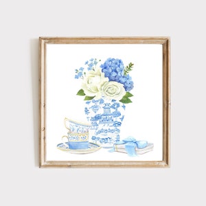 Blue Hydrangea Chinoiserie Ginger Jar Print,Blue And White, French Theme, Ginger Jar Art, Chinoiserie Wall Art Print, Tea Cups Painting 画像 1