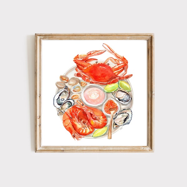 Seafood Platter Art Print, Watercolor Painting, Crab Coastal Wall Decor, Oyster Shell Print, Kitchen Art, Foodie Gift, Chef Decor, Vintage