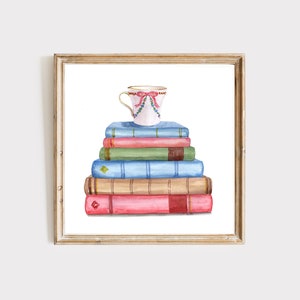 Vintage Book Art Print, Watercolor Painting Poster, Vintage Book Art, Watercolor Book Art, Home Office Wall Art, Stack Of Books, Library Art