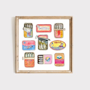Pintura de acuarela de sardinas enlatadas, regalo para casa nueva, póster de cocina, arte de lata de sardinas, regalo vintage para amantes de la comida, regalo de sardinas para papá, cocina de moda