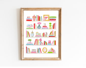 Pink Bookshelf, Watercolor Painting Books, Fashion Book Decor, Book Illustration, Ginger Jar Art, Reader Gift, Girly Wall Art, Girls Print