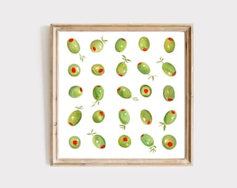 Pintura de acuarela de rama de olivo, arte mural de olivo, arte mural italiano, póster de cocina, arte de comida verde, decoración de cocina de olivo, impresión minimalista de plantas
