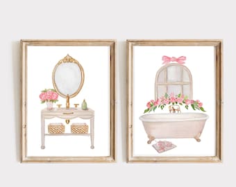 Juego de 2 impresiones artísticas de baño con flores rosas, arte de pared con lazo de acuarela, decoración de baño para niñas, arte de pared de spa, regalo femenino para ella