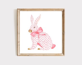 Pink Rabbit Watercolor Painting, Chinoiserie Rabbit, Pink Bunny Nursery, Baby Easter, Chinoiserie Bow Art, Pink Bow Art, Girls Room Decor