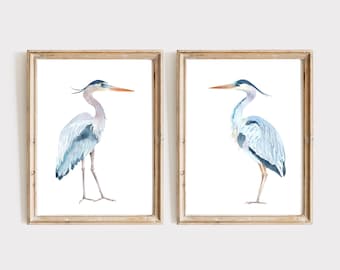 Blue Heron Set Of 2 Watercolor Painting, Bird Lover Gift, Beach House Art, Home Decor Gift, Bathroom Wall Decor, Great Heron Painting Print