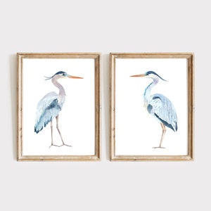 Blue Heron Set Of 2 Watercolor Painting, Bird Lover Gift, Beach House Art, Home Decor Gift, Bathroom Wall Decor, Great Heron Painting Print