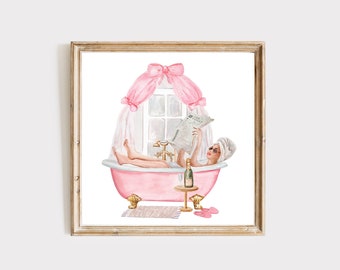 Pink Bathroom Vintage Bow Watercolor Print, Woman Drinking Art, Pink Bow, Pink Bathtub, Boho Bathroom, Bath Decor, Gift For Her, Bathtub Art