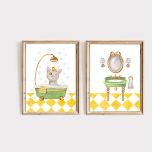 Cat Bathroom Set Of 2  Wall Art Prints, Watercolor Painting, Cat Bath Tub Wall Art, Nursery Decor, Cat Lovers, Kids Bathroom Art Print