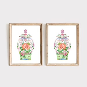 Watercolor Ginger Jar Print  Set Of 2 Chinoiserie Wall Art Porcelain Vintage Giclee Living room Decor  Pagoda Orange Apartment Art  Prints