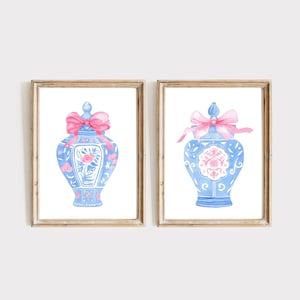 Blue Chinoiserie Vase,Digital Download, Set Of 2, Watercolor Painting With Pink Bow, Pink Ginger Jar, Blue And White Vase