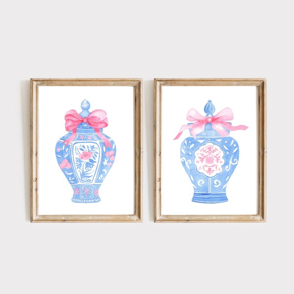 Blue Chinoiserie Vase,Digital Download, Set Of 2, Watercolor Painting With Pink Bow, Pink Ginger Jar, Blue And White Vase