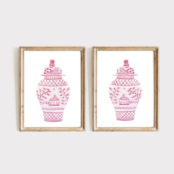Ensemble chinoiserie rose de 2 pots de gingembre, imprimé vase asiatique, art du dressing, chinoiserie vintage, imprimé décor pagode, chinoiserie chic art