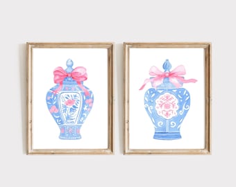 Blue Chinoiserie Vase,Digital Download, Set Of 2, Watercolor Painting With Pink Bow, Pink Ginger Jar, Blue And White Vase