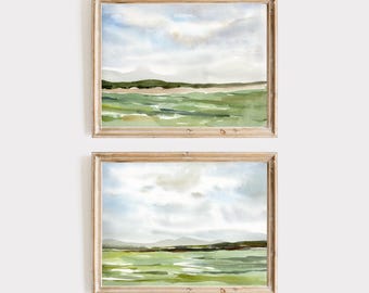 Set Of 2 Abstract Landscape Pastel Wall Art, Watercolor Painting, Neutral Minimalist Wall Art, Living Room Prints, Green Home Decor Art