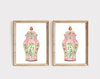 Pink Chinoiserie Ginger Jar Vase Set Of 2 Vintage Living room Wall Art Pagoda Porcelain Vases Apartment Art Print Living Room Wall Art Print