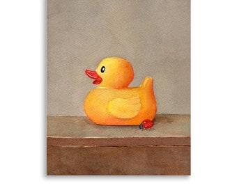 Rubber Duck Still Life, Watercolor Painting, Duck Illustration, Kids Bathroom Art, Nursery Art Print, Yellow Duck Print, Bath Toy Artwork