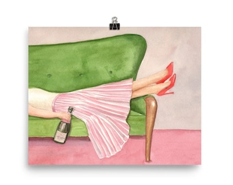 Women Drinking Champagne, Watercolor Painting, Home Bar Decor, Fashion Wall Art, Alcohol Poster, Champagne Lover Gift,  Wine Poster Art