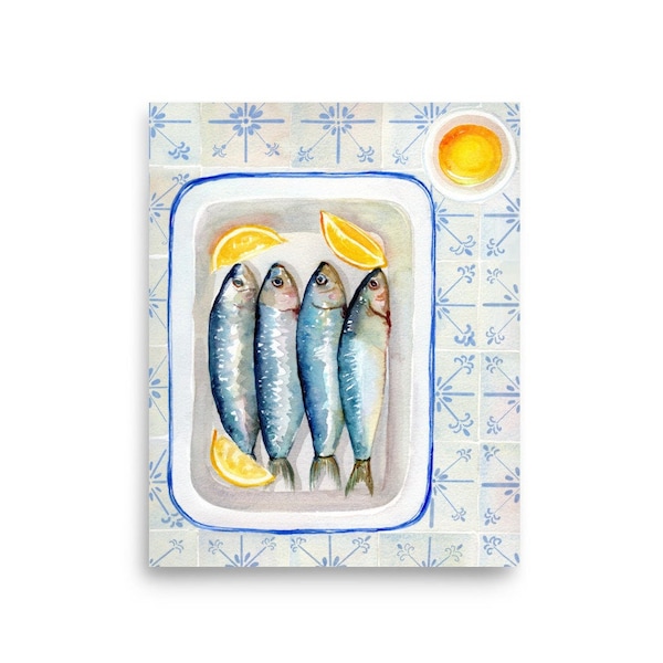 Sardines Wall Art, Watercolor Sardines, Sardine Art Poster, Fish Still Life, Gift Sardines, Gift For Kitchen, Trendy Wall Art, Fish Print