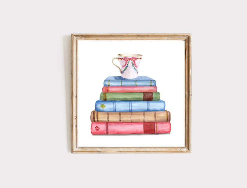 Vintage Book Art Print, Watercolor Painting Poster, Vintage Book Art, Watercolor Book Art, Home Office Wall Art, Stack Of Books, Library Art image 1