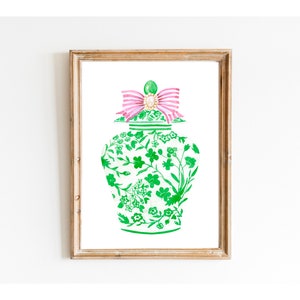 Green Chinoiserie Ginger Jar Vase, Porcelain Wall Art Print, Green Ginger Jar, China Vase Print, Pink And Green Decor Print