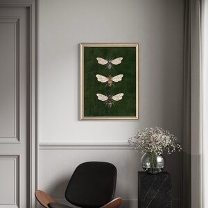 May include: A rectangular wall art print in a thin gold frame featuring three detailed illustrations of bees arranged vertically against a dark forest green background. Each bee is depicted with spread wings and distinct body markings in shades of brown.