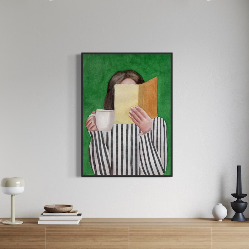 Woman Reading Emerald Green Art Print, Modern Reading Woman Art, Abstract Woman Portrait, Contemporary Style Wall Art, Watercolor Painting image 7