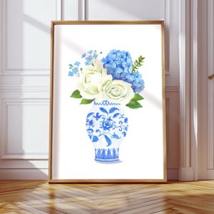 Hydrangea Chinoiserie Wall Art Blue White Print, Watercolor Painting, Ginger Jar Print, Chinoiserie Vase Art, Ginger Jar, Gift For Her