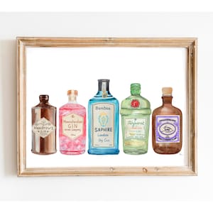 Gin Poster Watercolor Painting, Bar Cart Artwork, Gin Bottles Art, Cocktail Decor, Gin And Tonic Art, Home Bar Art, Blue Gin Bottle, Alcohol