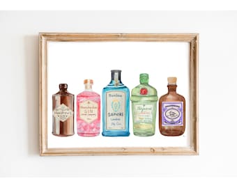 Gin Poster Watercolor Painting, Bar Cart Artwork, Gin Bottles Art, Cocktail Decor, Gin And Tonic Art, Home Bar Art, Blue Gin Bottle, Alcohol